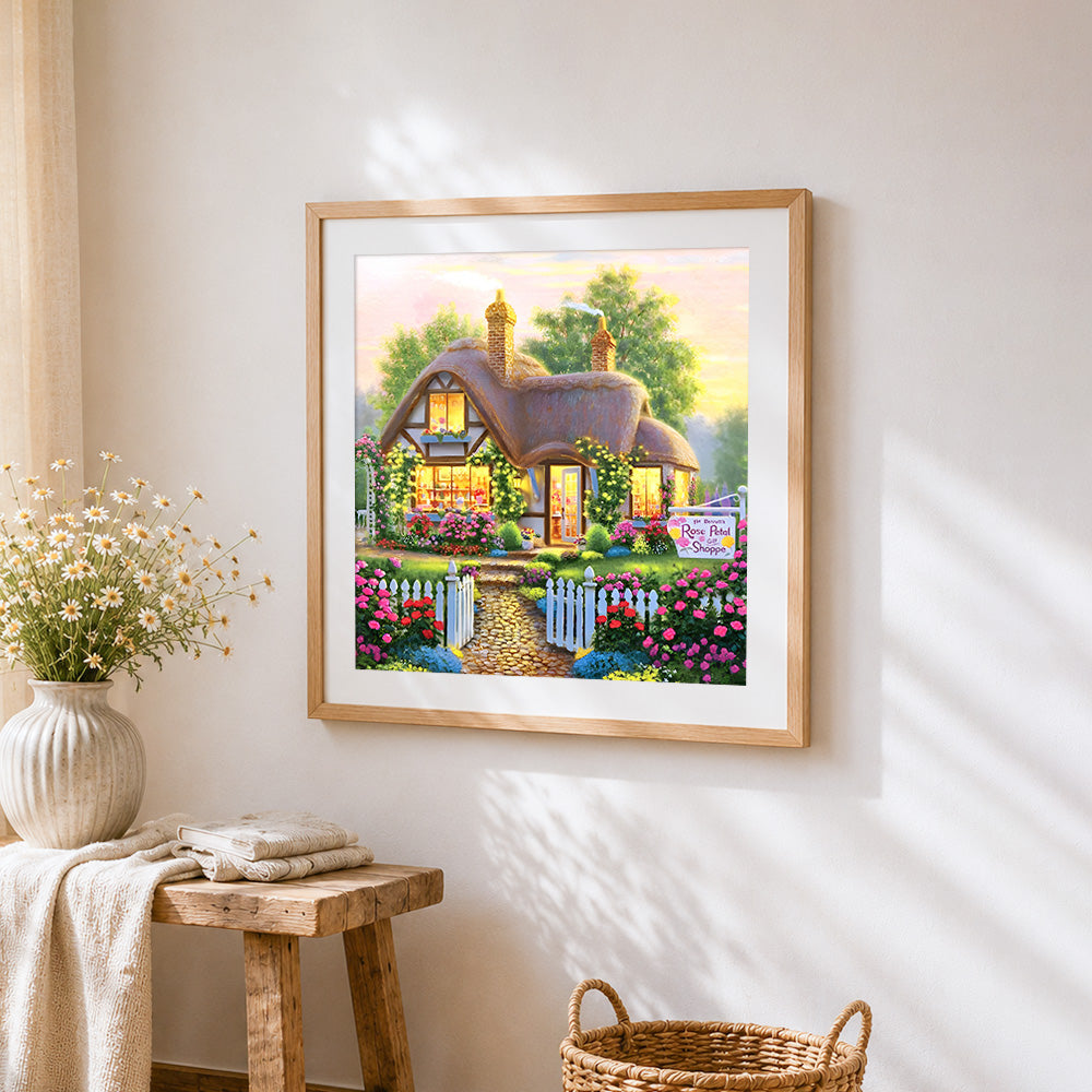 Rose petal gift shoppe cross stitch artwork displayed on wall as home decor