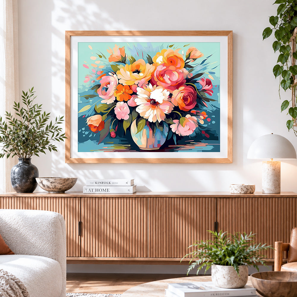 Finished roses and dahlias still life paint by numbers artwork displayed as home decor