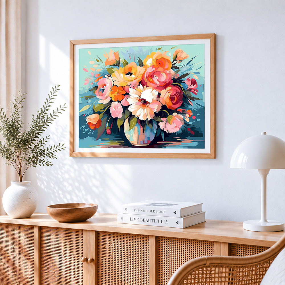 Roses and dahlias still life paint by numbers artwork displayed on wall as home decor