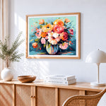 Roses and dahlias still life paint by numbers artwork displayed on wall as home decor
