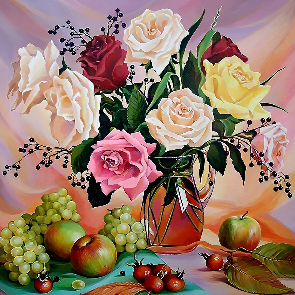 Roses and fruit still life cross stitch kit for beginners