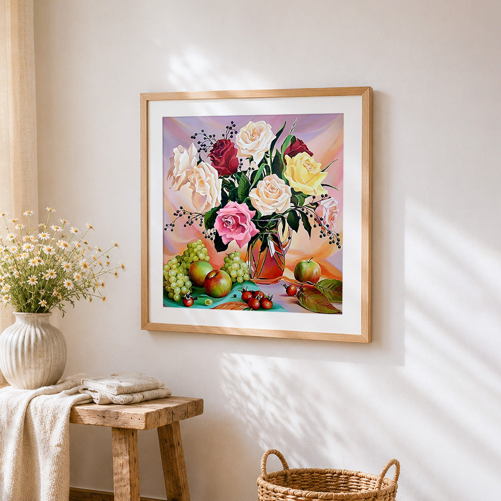 Roses and fruit still life cross stitch artwork displayed on wall as home decor