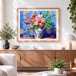 Finished roses and tulips in porcelain vase paint by numbers artwork displayed as home decor