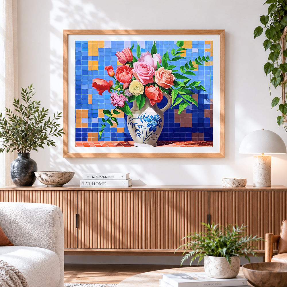 Finished roses and tulips in porcelain vase paint by numbers artwork displayed as home decor