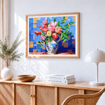 Roses and tulips in porcelain vase paint by numbers artwork displayed on wall as home decor