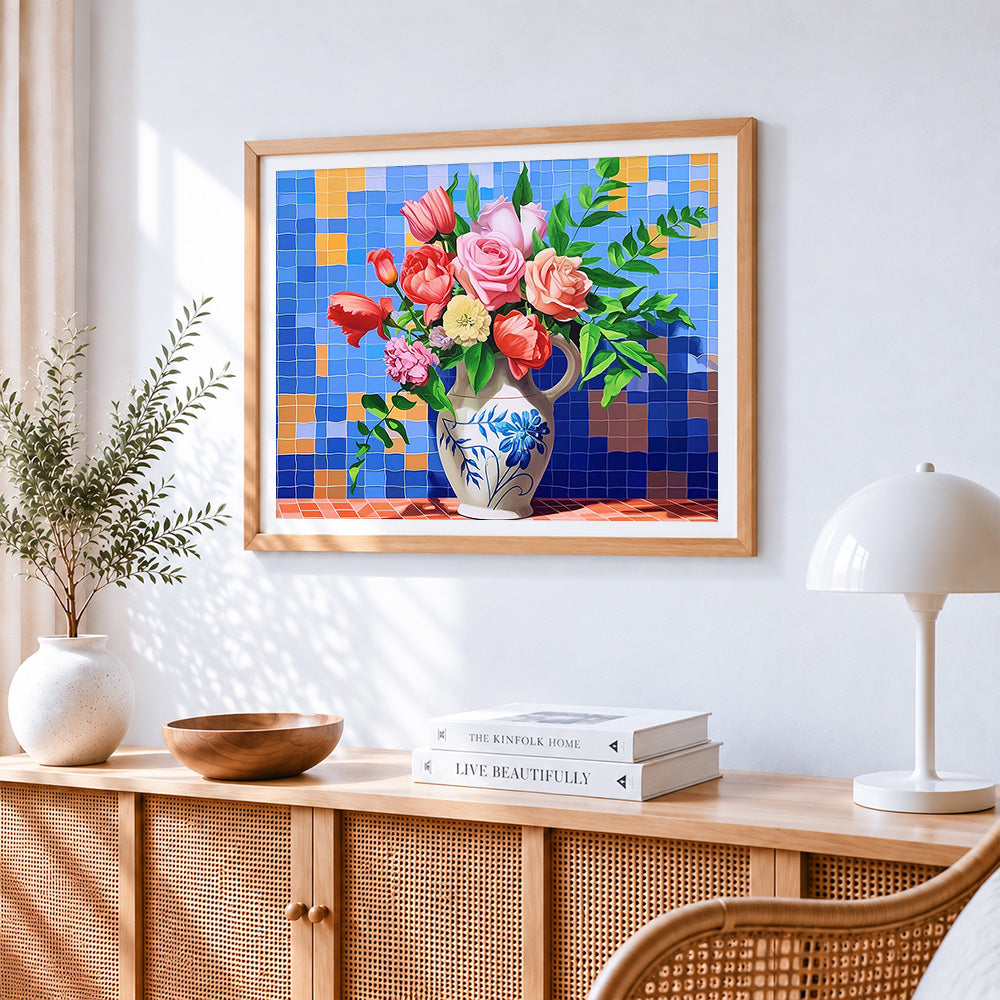 Roses and tulips in porcelain vase paint by numbers artwork displayed on wall as home decor