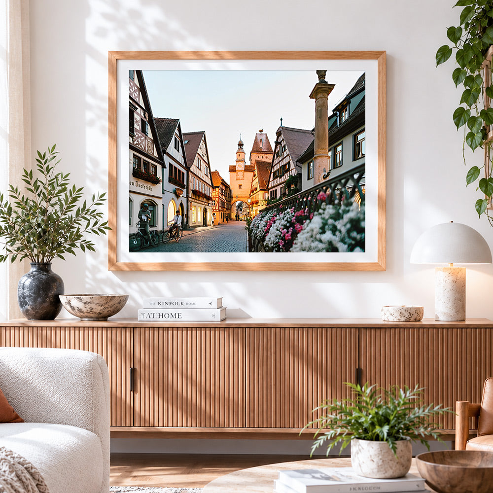 Finished rothenburg ob der tauber cross stitch artwork displayed