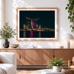 Finished rotterdam erasmus bridge at night cross stitch artwork displayed