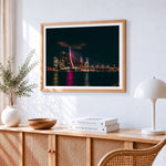 Rotterdam erasmus bridge at night cross stitch artwork displayed on wall as home decor