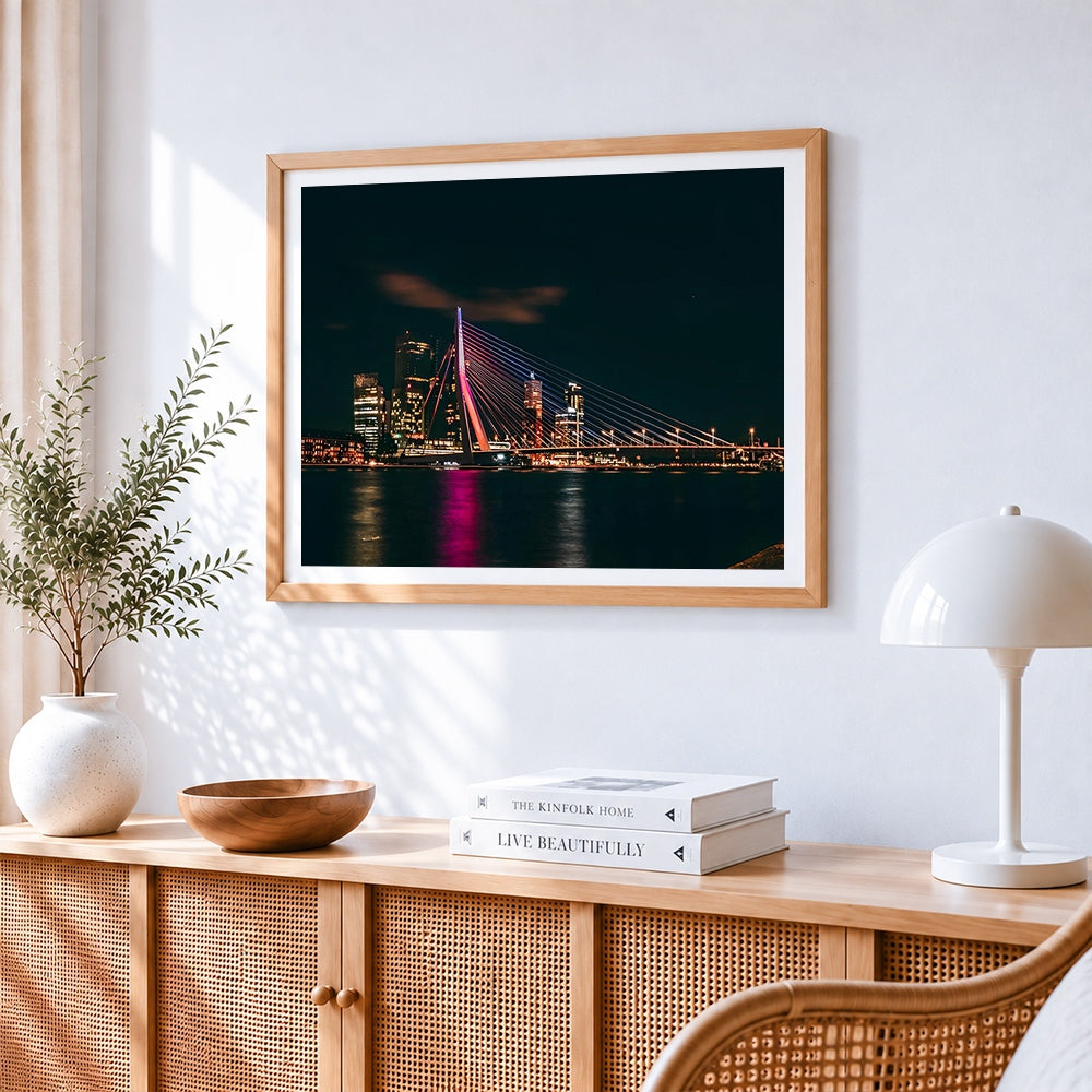 Rotterdam erasmus bridge at night cross stitch artwork displayed on wall as home decor