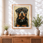 Finished rottweiler portrait cross stitch artwork displayed