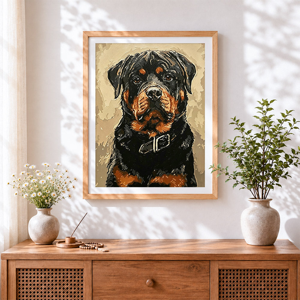 Finished rottweiler portrait cross stitch artwork displayed