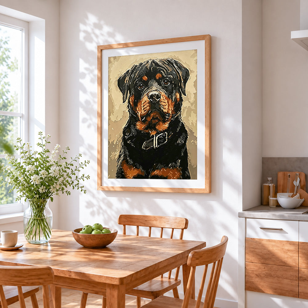 Rottweiler portrait cross stitch artwork displayed on wall as home decor