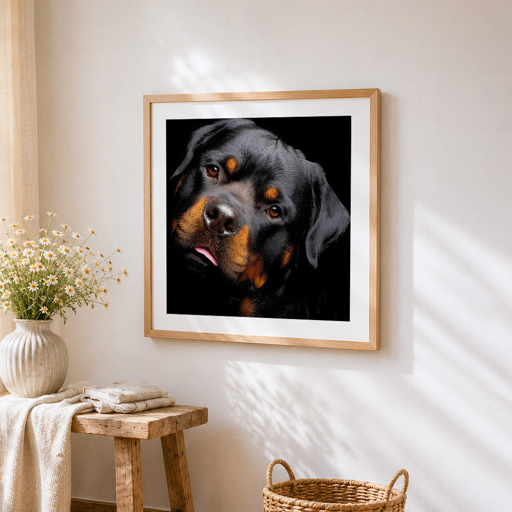 Rottweiler portrait on black cross stitch artwork displayed on wall as home decor