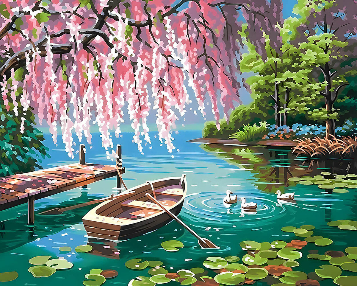 Rowboat and ducks on a lake with blossoms cross stitch kit for beginners