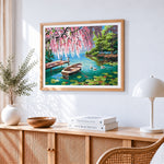 Rowboat and ducks on a lake with blossoms paint by numbers artwork displayed on wall as home decor