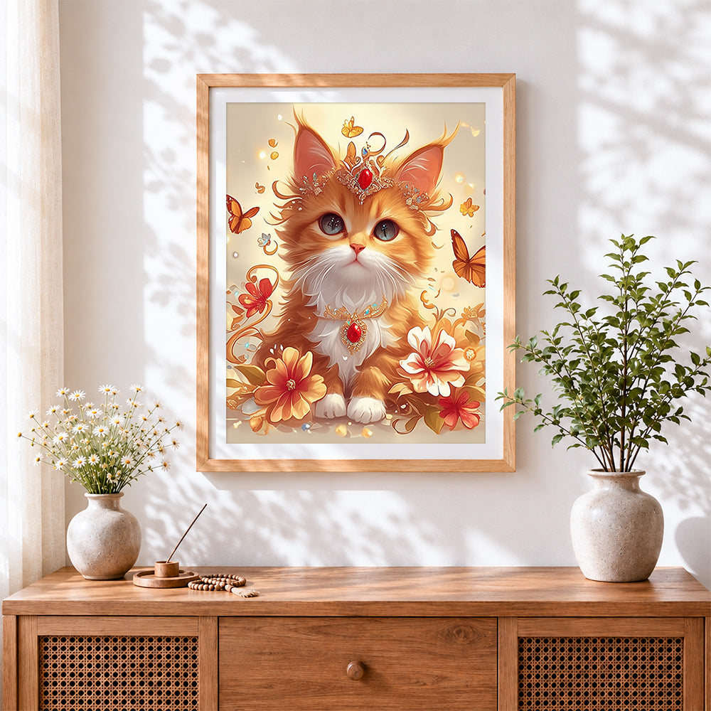 Finished royal cat with crown and jewels cross stitch artwork displayed