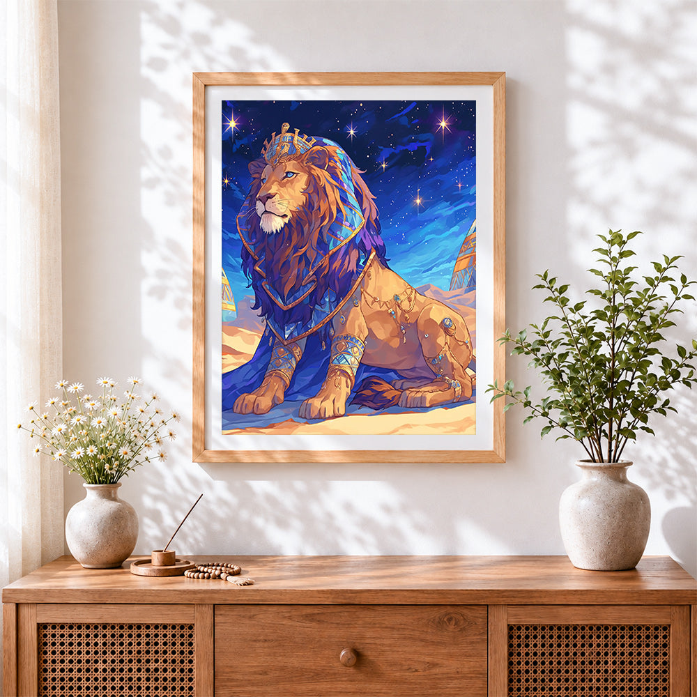 Finished royal egyptian lion cross stitch artwork displayed