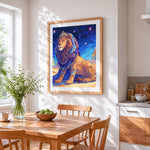 Royal egyptian lion cross stitch artwork displayed on wall as home decor