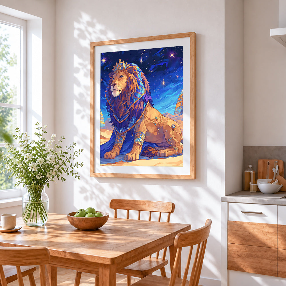 Royal egyptian lion cross stitch artwork displayed on wall as home decor