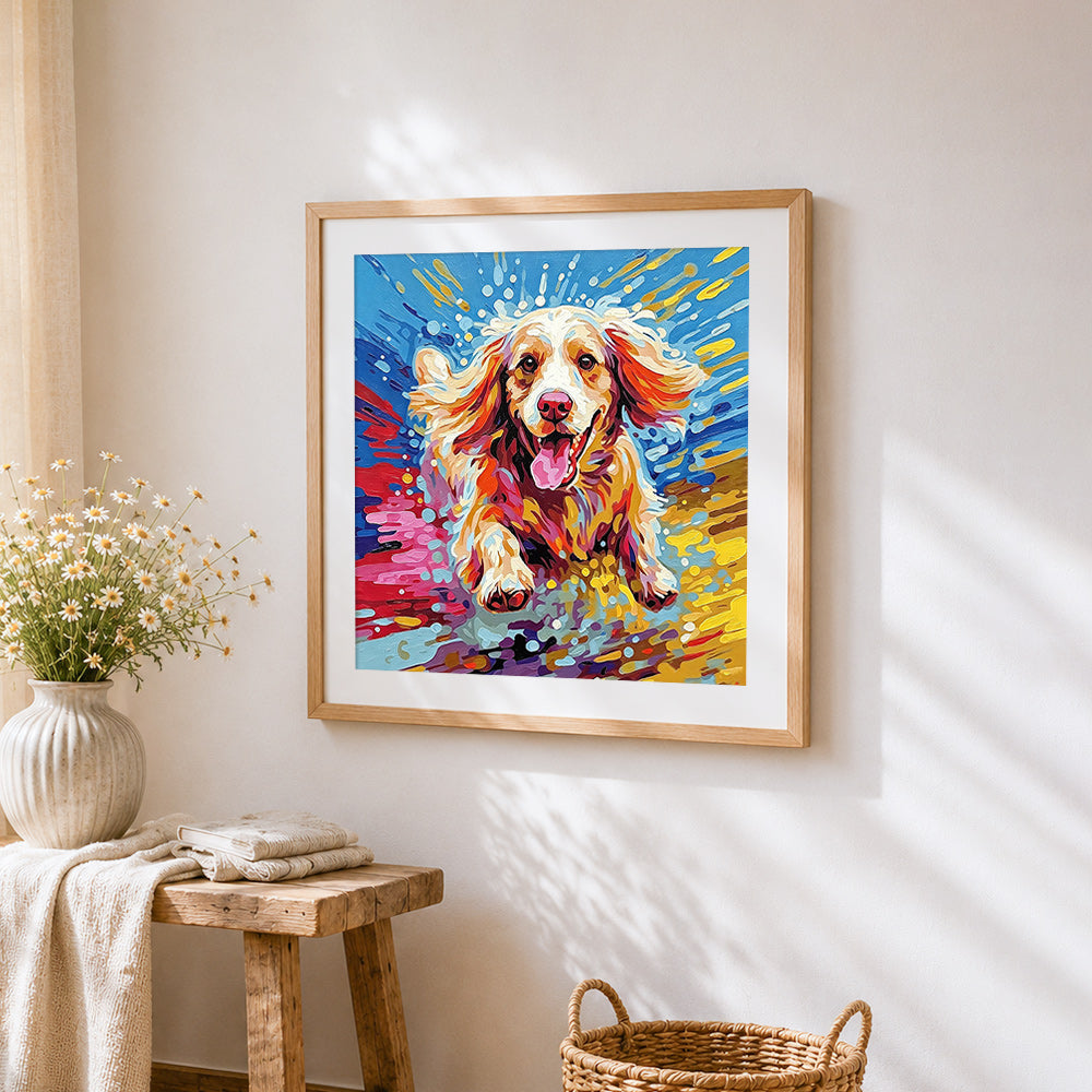 Running cocker spaniel cross stitch artwork displayed on wall as home decor