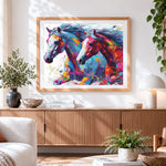Finished running colourful horses paint by numbers artwork displayed as home decor