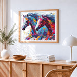 Running colourful horses paint by numbers artwork displayed on wall as home decor