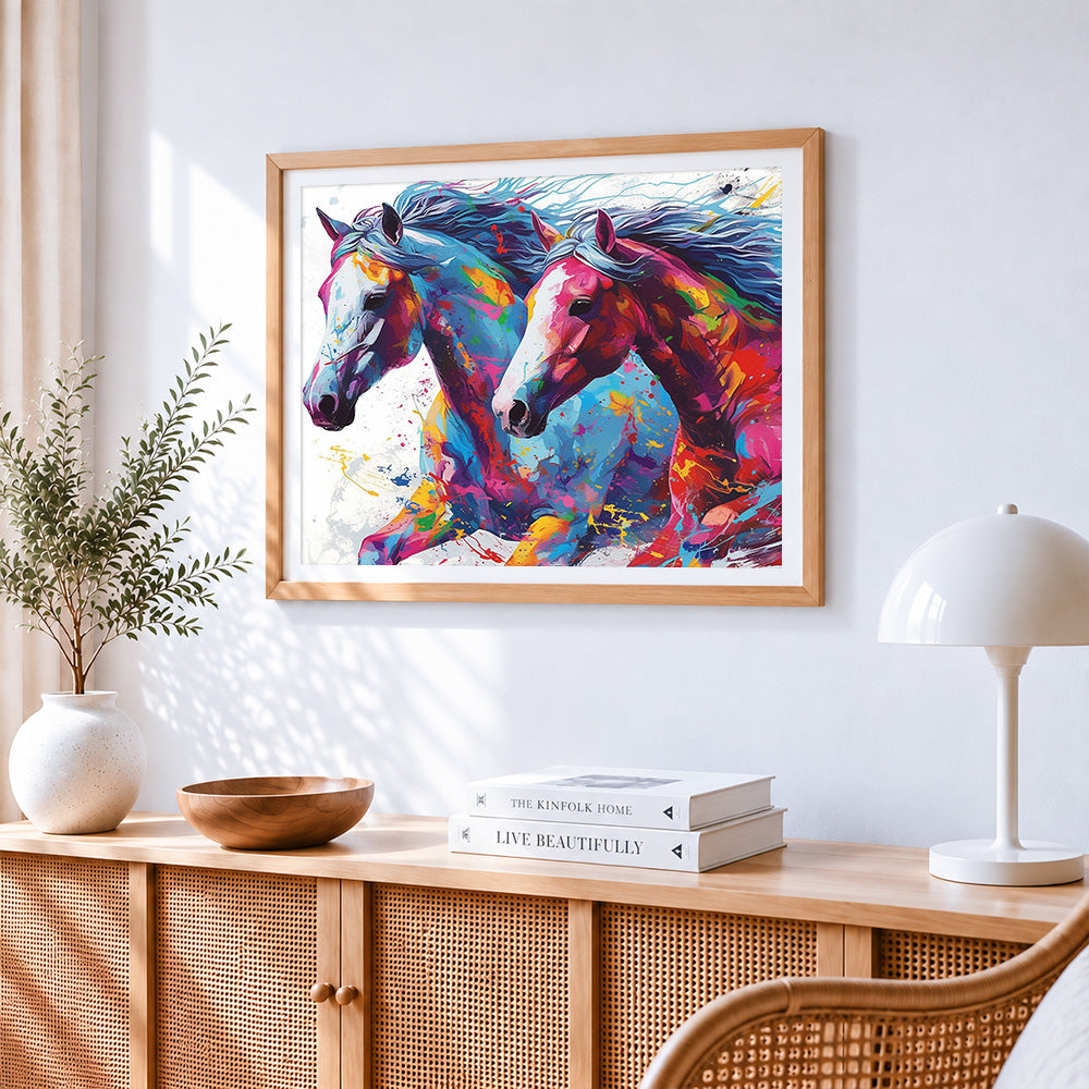 Running colourful horses paint by numbers artwork displayed on wall as home decor