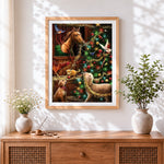 Finished rustic barn christmas tree with horse cross stitch artwork displayed