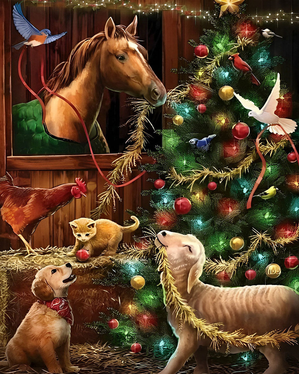 Rustic barn christmas tree with horse cross stitch kit for beginners