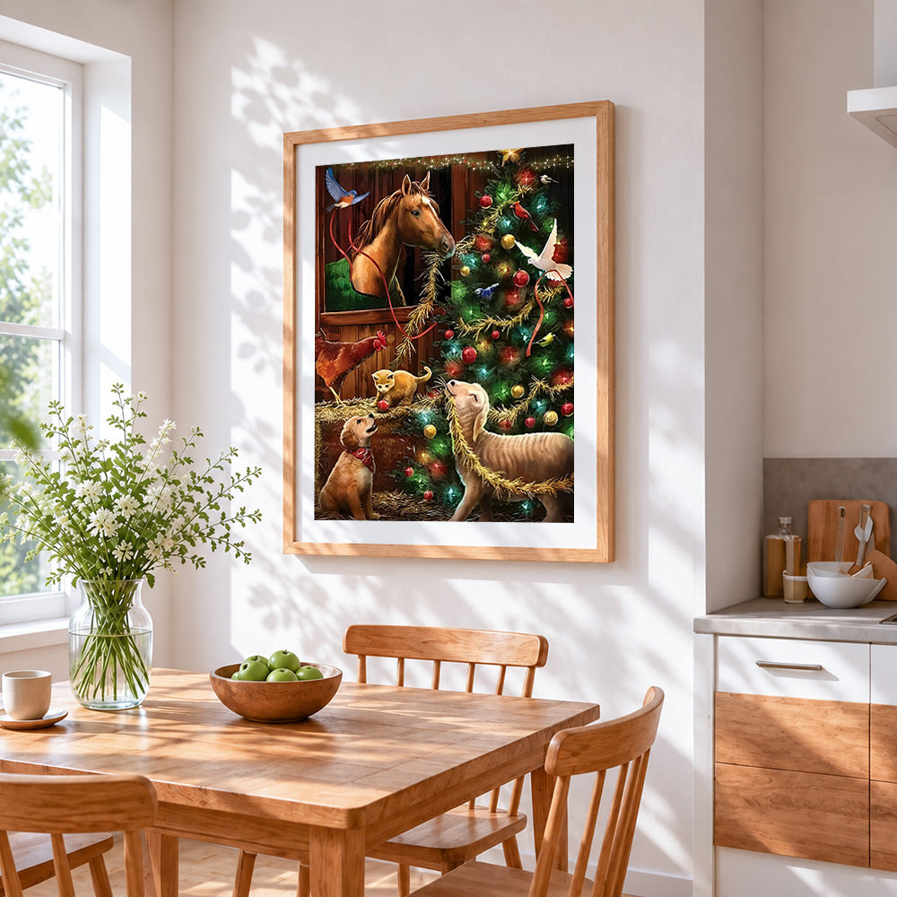 Rustic barn christmas tree with horse cross stitch artwork displayed on wall as home decor
