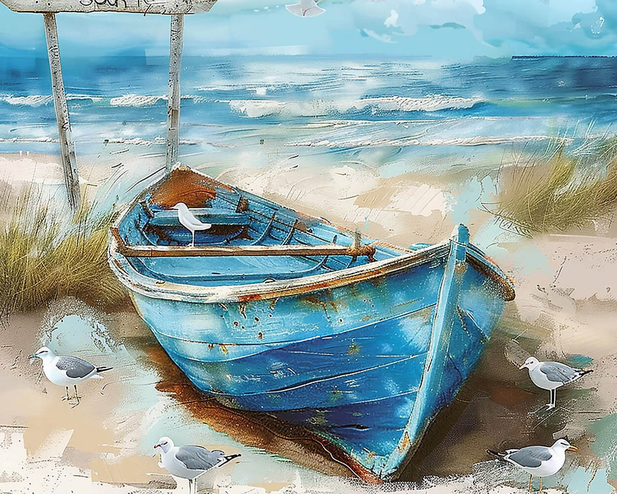 Rustic blue boat on beach cross stitch kit for beginners