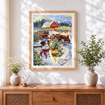 Finished rustic christmas farm with tractor cross stitch artwork displayed