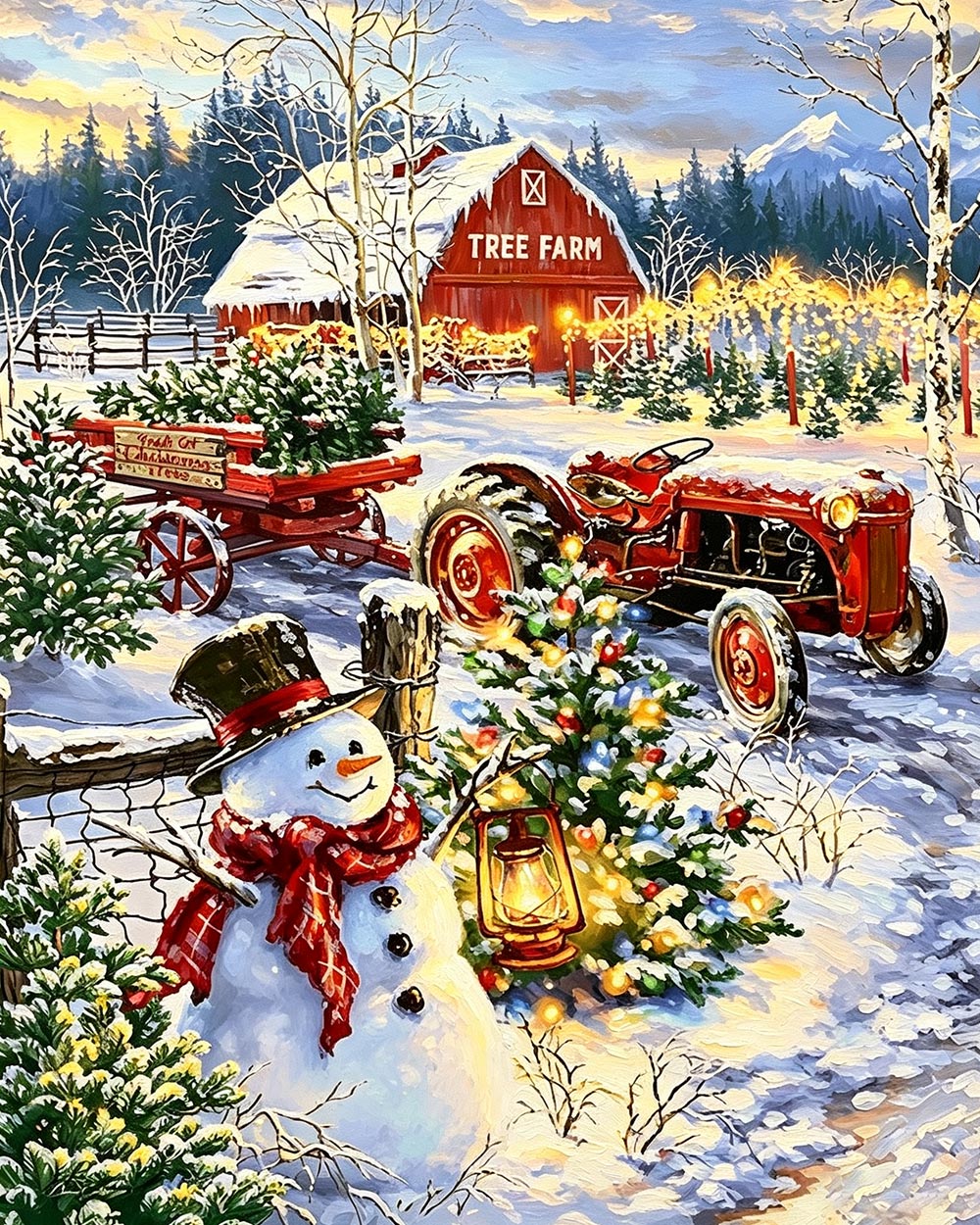 Rustic christmas farm with tractor cross stitch kit for beginners