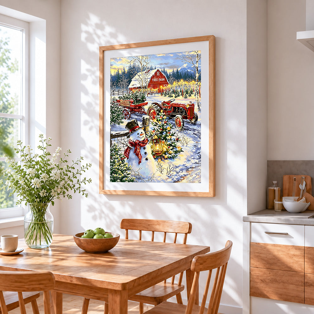 Rustic christmas farm with tractor cross stitch artwork displayed on wall as home decor