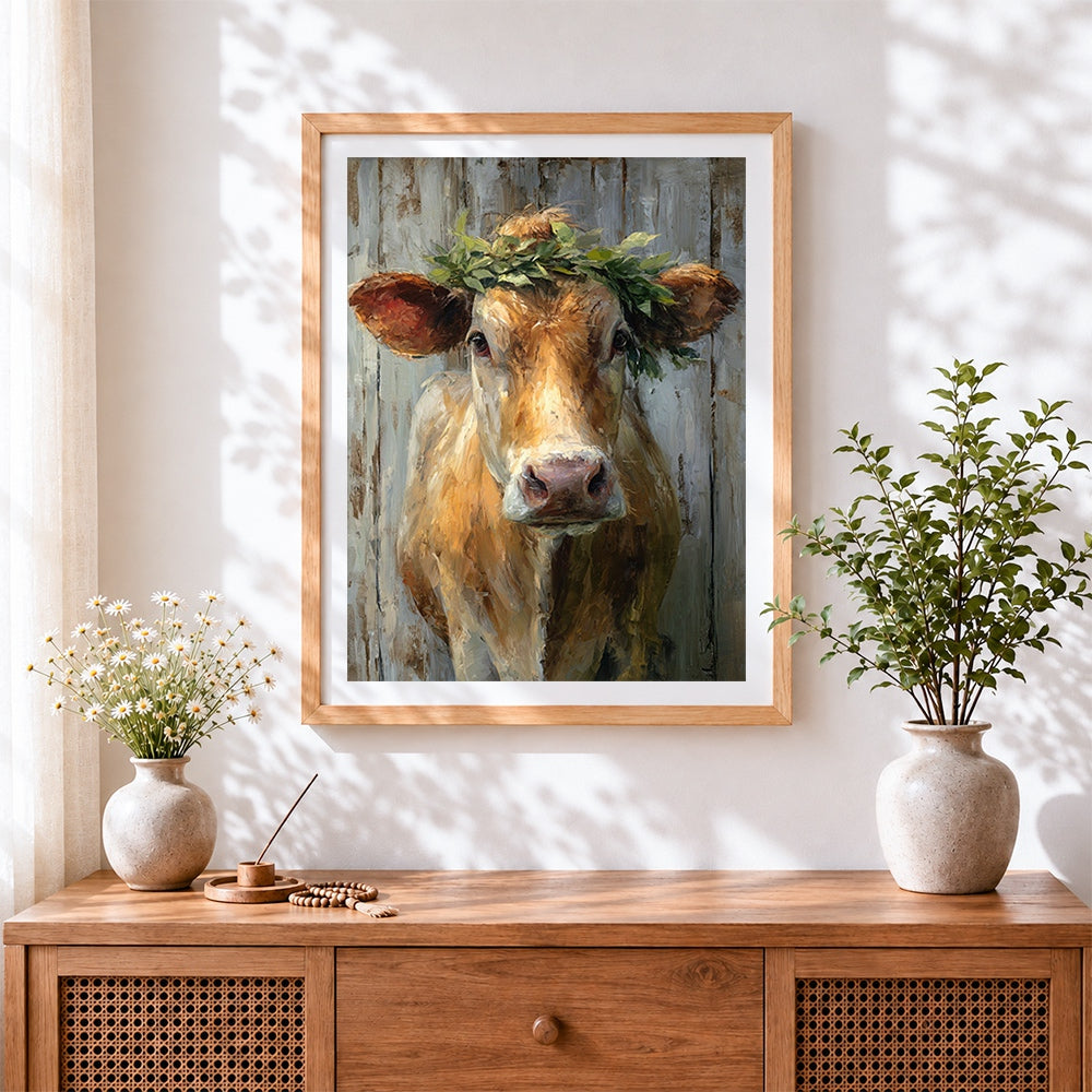 Finished rustic cow with leaf crown cross stitch artwork displayed