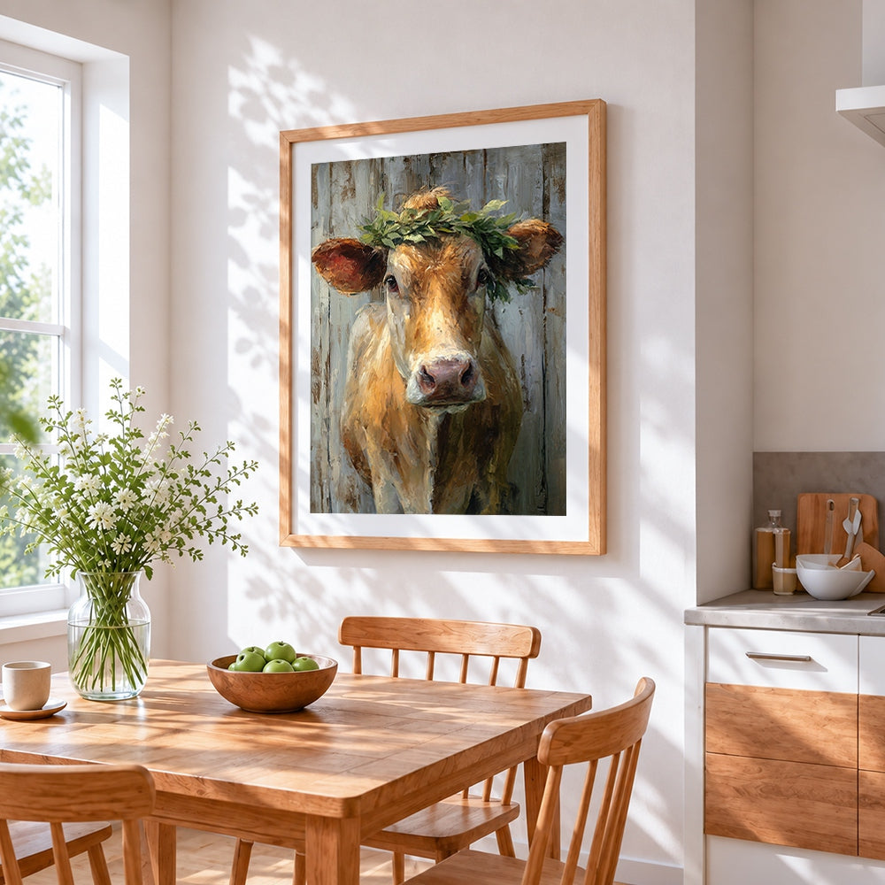 Rustic cow with leaf crown cross stitch artwork displayed on wall as home decor
