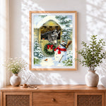 Finished rustic donkey and snowman by a stable cross stitch artwork displayed