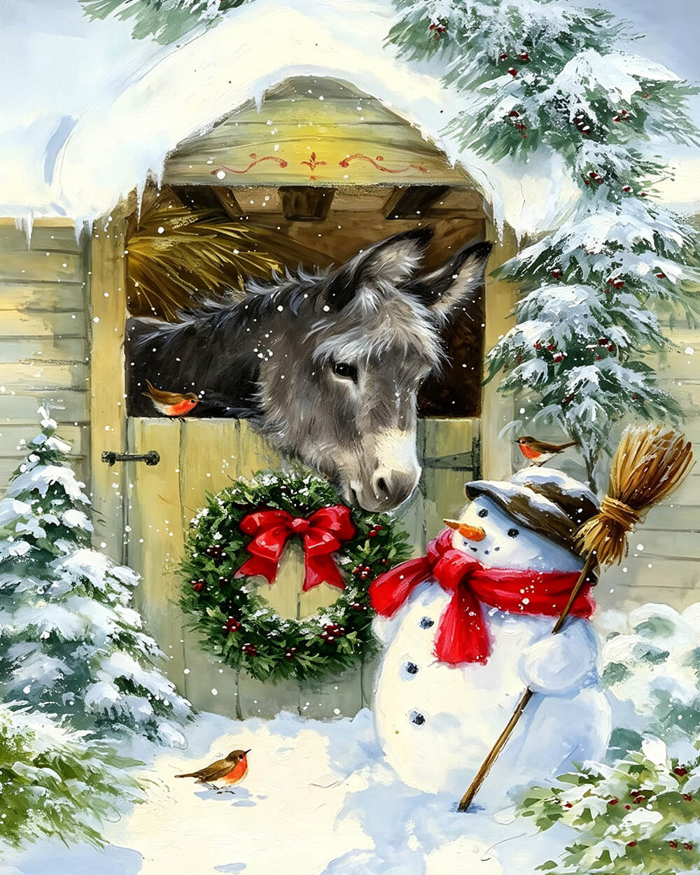 Rustic donkey and snowman by a stable cross stitch kit for beginners