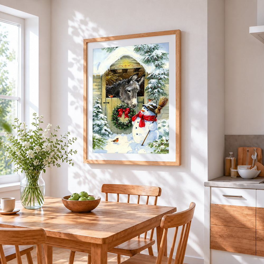 Rustic donkey and snowman by a stable cross stitch artwork displayed on wall as home decor