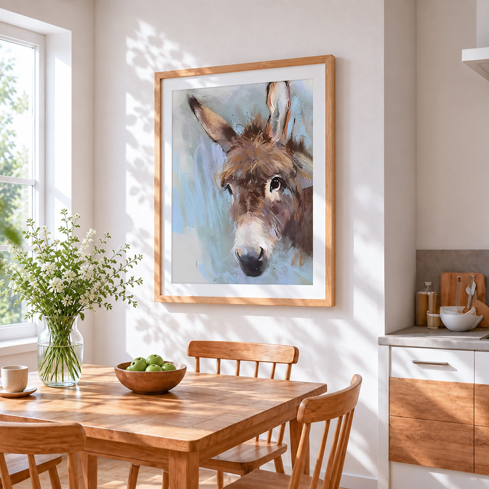 Rustic donkey cross stitch artwork displayed on wall as home decor