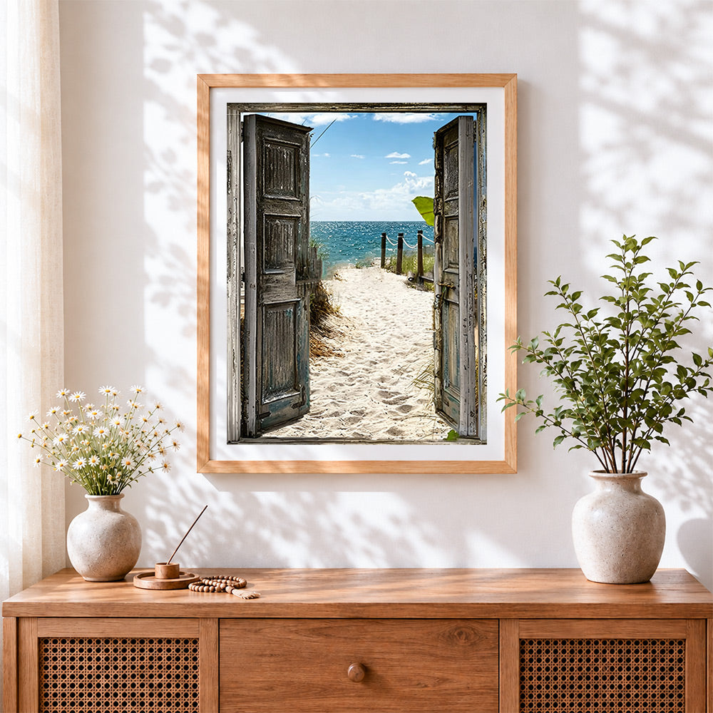 Finished rustic doors opening to turquoise beach cross stitch artwork displayed