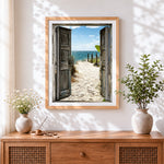 Finished rustic doors opening to turquoise beach cross stitch artwork displayed