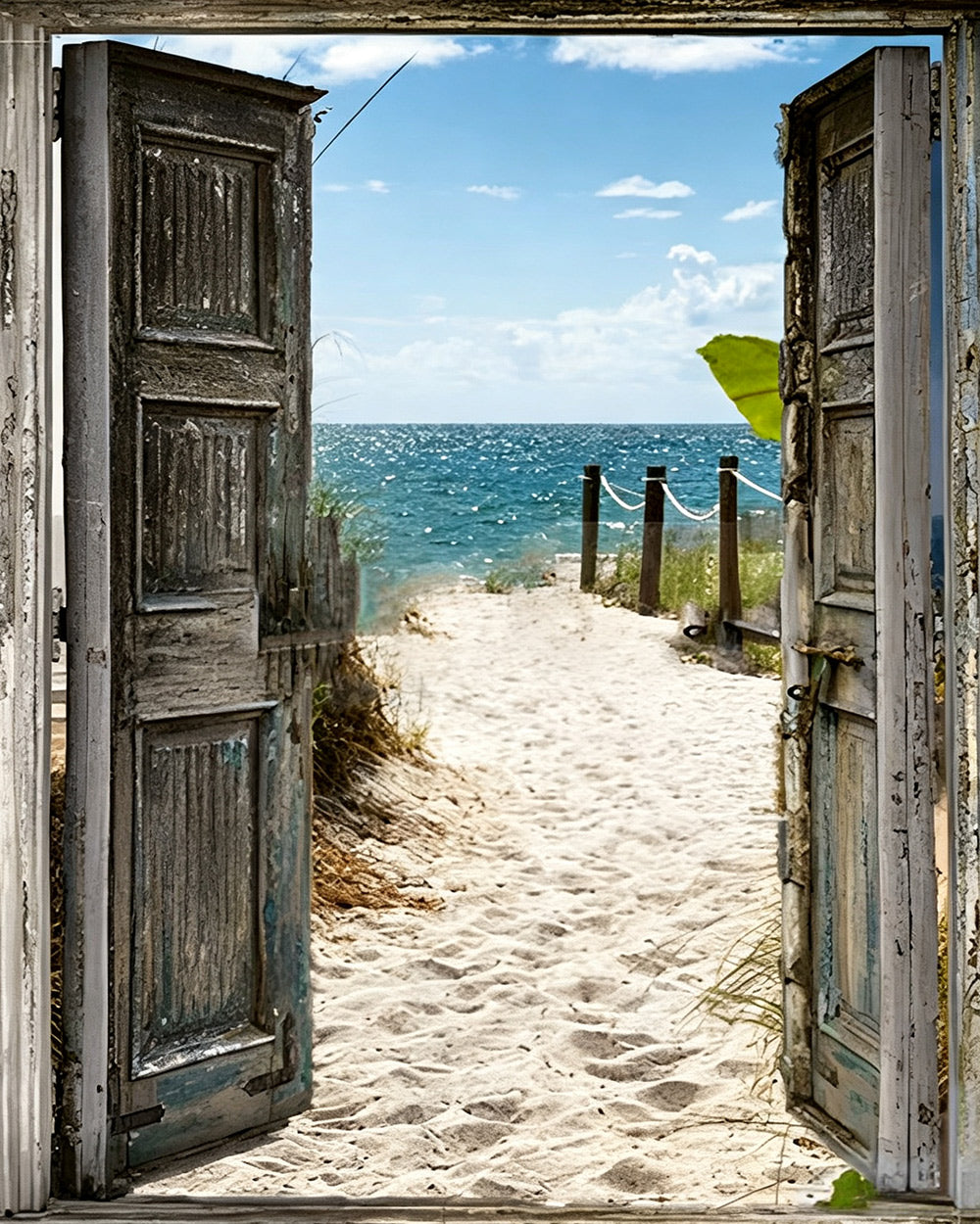 Rustic doors opening to turquoise beach cross stitch kit for beginners