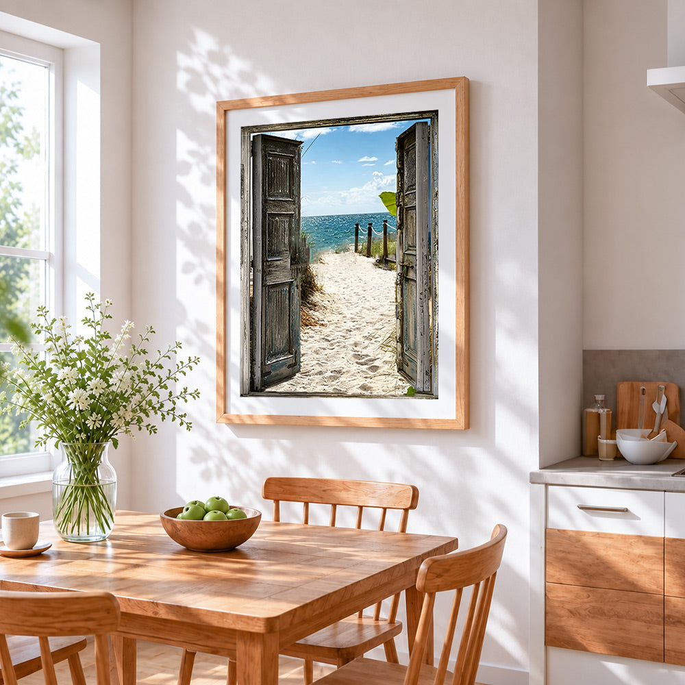Rustic doors opening to turquoise beach cross stitch artwork displayed on wall as home decor