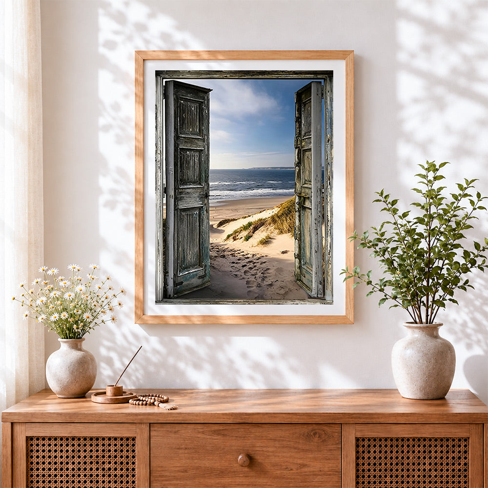 Finished rustic doors to sandy beach cross stitch artwork displayed