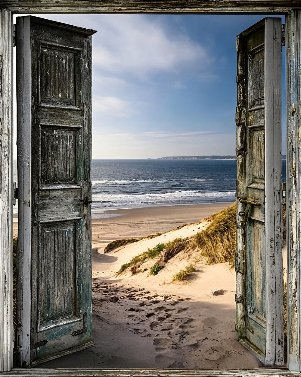 Rustic doors to sandy beach cross stitch kit for beginners