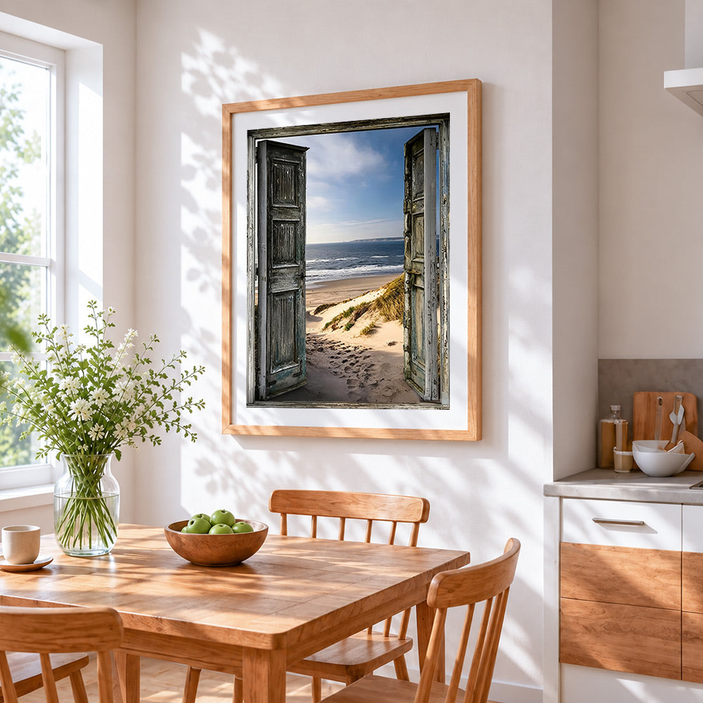 Rustic doors to sandy beach cross stitch artwork displayed on wall as home decor
