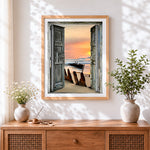 Finished rustic doors to shipwreck beach cross stitch artwork displayed