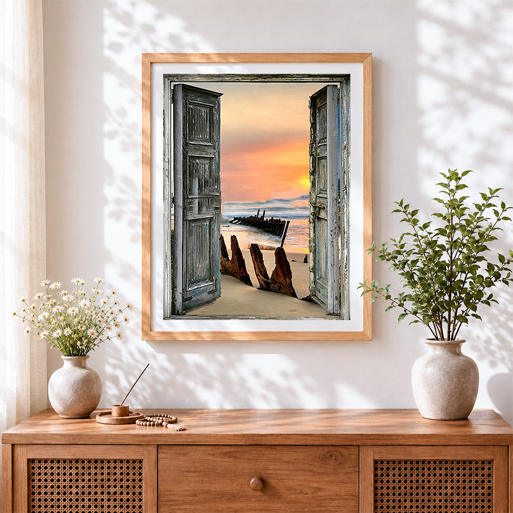 Finished rustic doors to shipwreck beach cross stitch artwork displayed